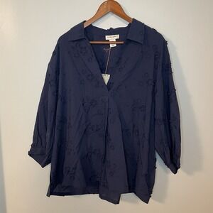 Laura Ashley Top 2X Blue Boho Floral Embroidered Pattern 3/4 Sleeve NWT